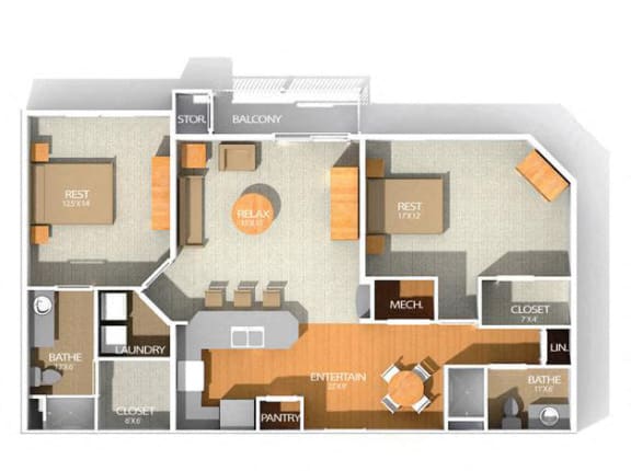 2 Bedroom 2 Bathroom Floor Plan at Kenyon Square Apartments in Westerville, Columbus, OH