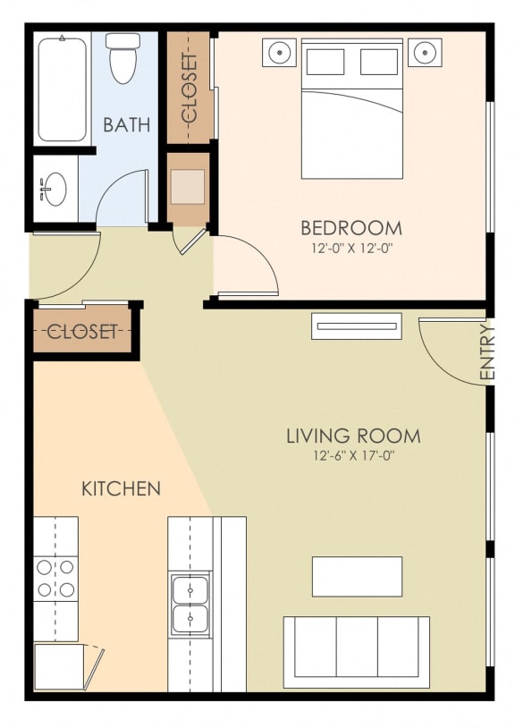 1 bedroom 1 bathroom floor plan 630 to 641 Sq.Ft. at Hamilton, California