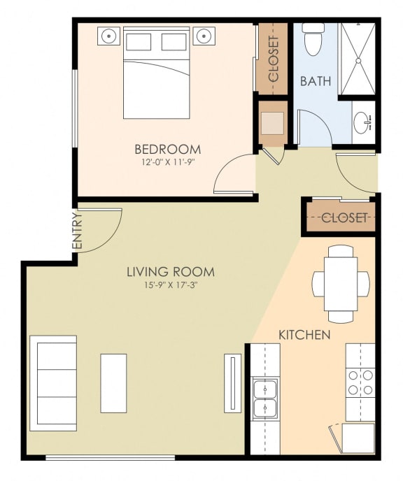 1 bedroom 1 bathroom floor plan A 630 to 641 Sq.Ft. at Hamilton, California, 95130