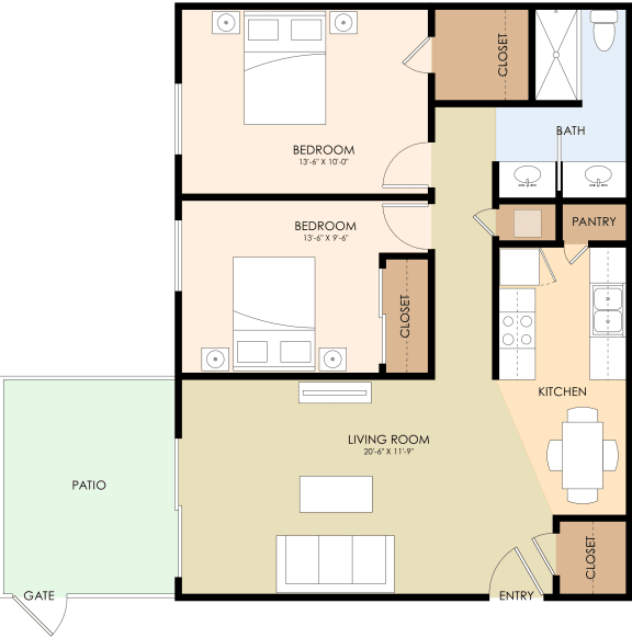 Two Bedroom One Bath Floor Plan at Latham Court, Mountain View, 94040