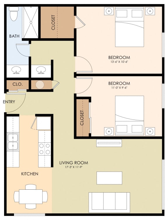 Two Bed One Bath Floor Plan at Latham Court, Mountain View, CA