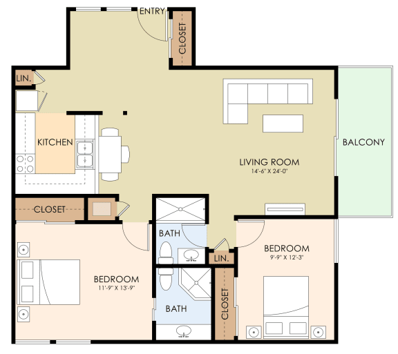  Floor Plan Two Bedroom Two Bath