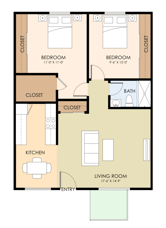 2 Bedroom 1 Bathroom Floor Plan at Sunnyvale Town Center, Sunnyvale, 94086