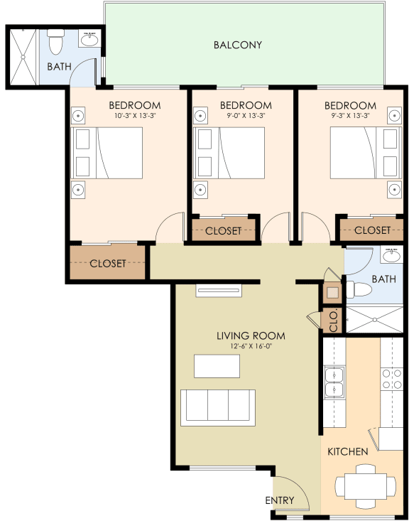Floor Plan  Three Bedroom Two Bath Floor Plan at Somerset Place, Mountain View, CA