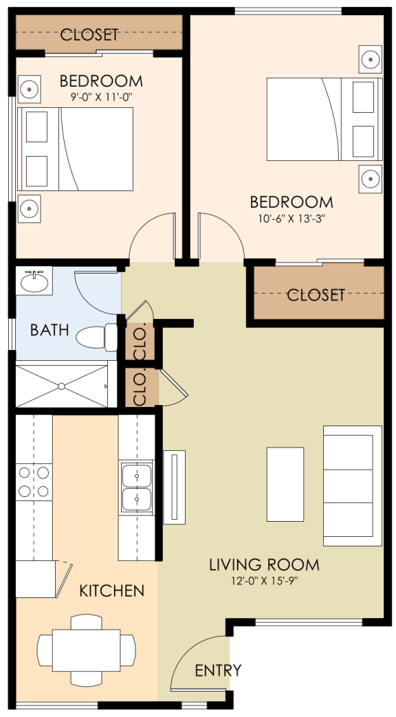 Two Bedroom One Bath Floor Plan at Somerset Place, Mountain View, CA
