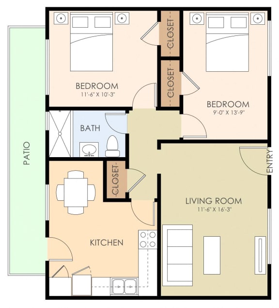 2 bedroom 1 bathroom floor plan 705 Sq.Ft. at Sunnyvale Court, Sunnyvale, California