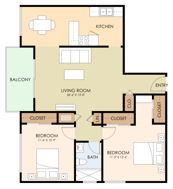 2 bedroom 1 bathroom floor plan 886 Sq.Ft. at Madison Place, San Mateo, 94403