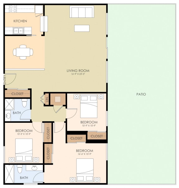 3 bedroom 2 bathroom floor plan 1,284 to 1,290 Sq.Ft. at Wellesley Crescent, California