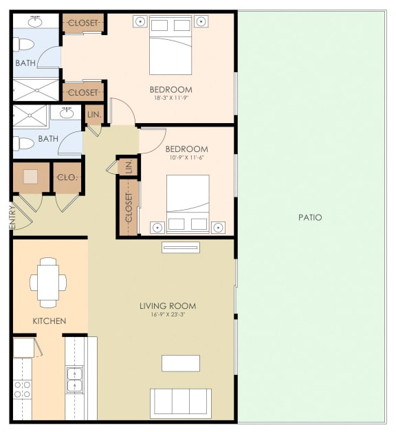 2 bedroom 2 bathroom floor plan 1,020 to 1,050 Sq.Ft. at Wellesley Crescent, Redwood City