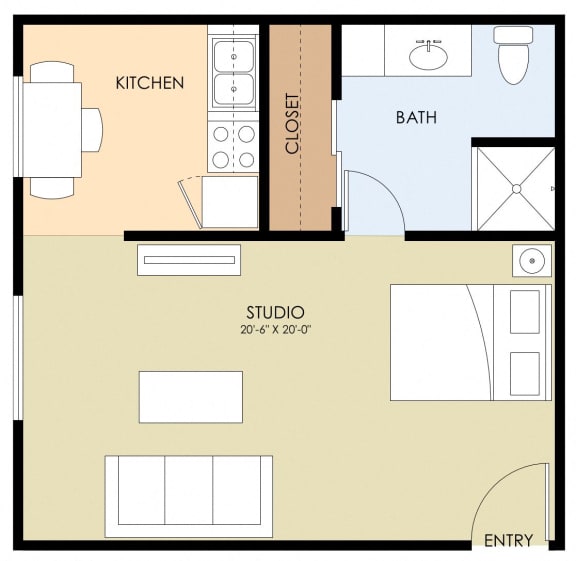 0 Bed 1 Bath Floor Plan 376 to 443 Sq.Ft.  at Mountain View Place, Mountain View, CA, 94040