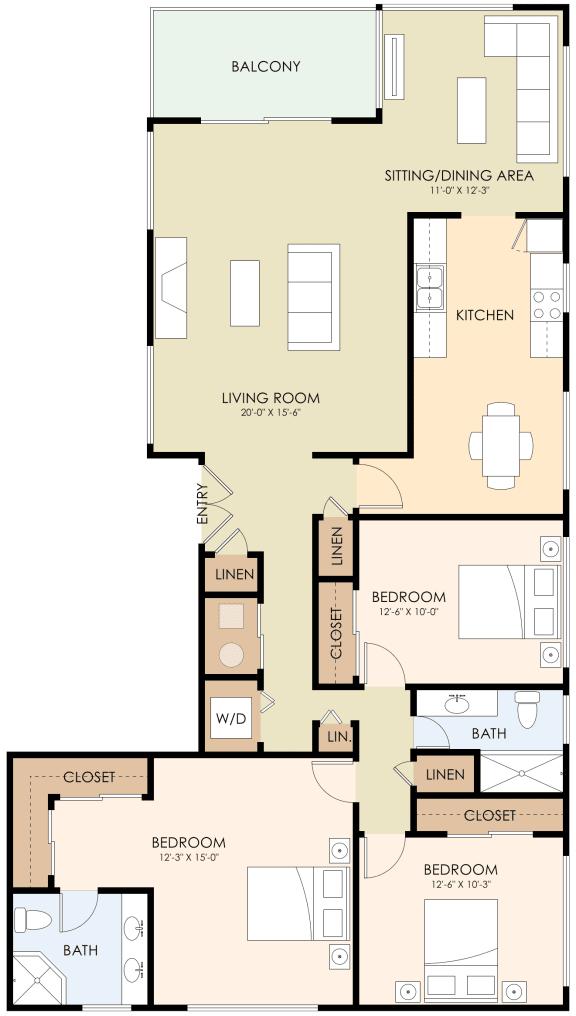Three bedroom Two bathroom Floor Plan at Laurel Grove, California, 94025