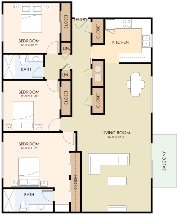 Three Bedroom Two Bath Floor Plan at Laurel Grove, Menlo Park, CA, 94025