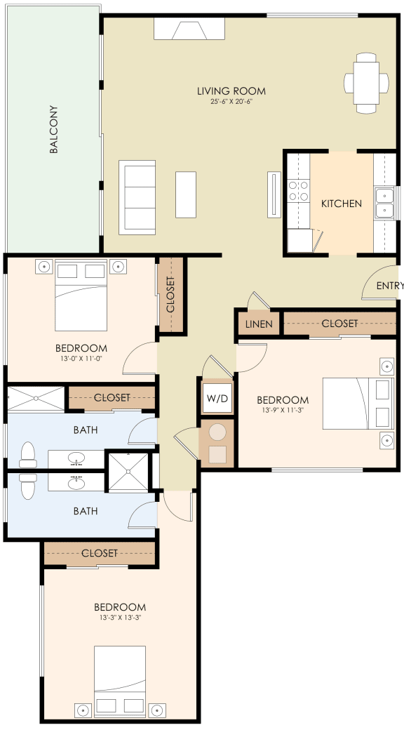 3 Bedroom and 2 Bath Floor Plan at Laurel Grove, Menlo Park, 94025