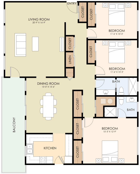 3 Bedroom 2 Bathroom Floor Plan at Laurel Grove, Menlo Park, California