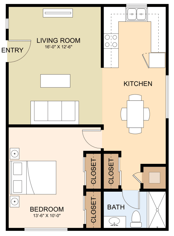 One Bedroom One Bath Floor Plan at Magnolia Place, Sunnyvale, CA, 94087