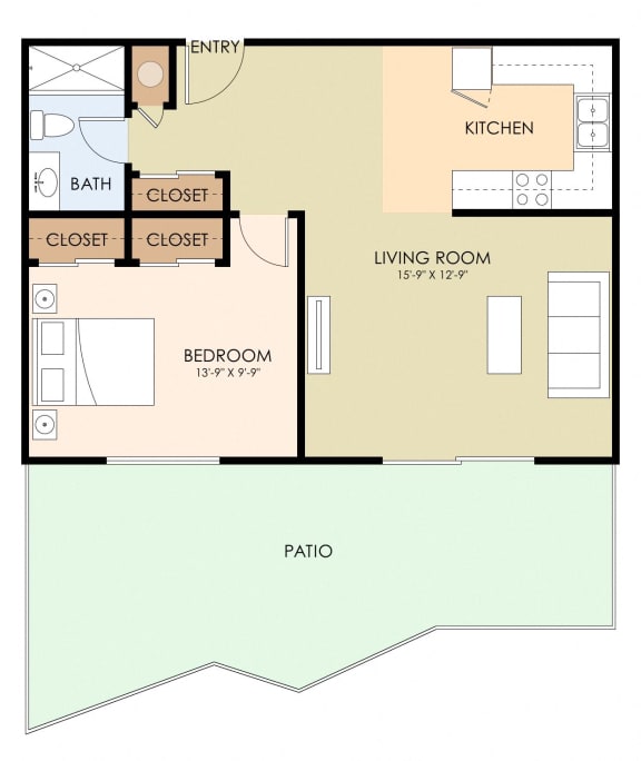 1 Bedroom 1 Bathroom Floor Plan at Magnolia Place, Sunnyvale, CA