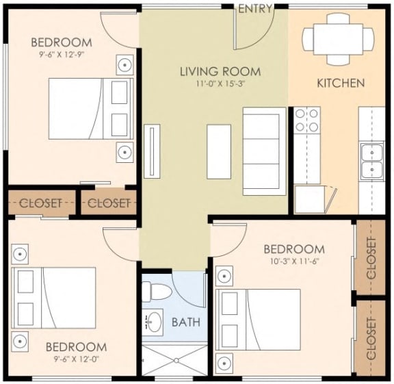 Floor Plan  Three Bedroom One Bath 761 Sq Ft at Pines, Campbell, California