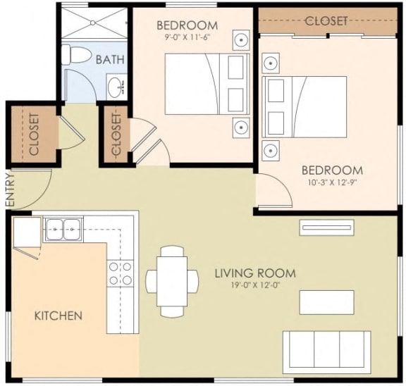 Floor Plan  Two Bedroom One Bath 757 Sq Ft at Pines, Campbell, CA, 95008