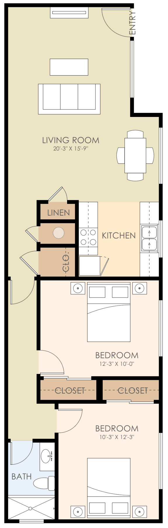 Two Bedroom One Bath Floor Plan at Verandas, Menlo Park, CA
