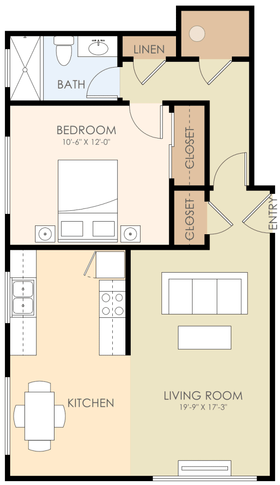 1 Bedroom 1 Bathroom Floor Plan 600 to 700 Sq.Ft. at Verandas, Menlo Park, California