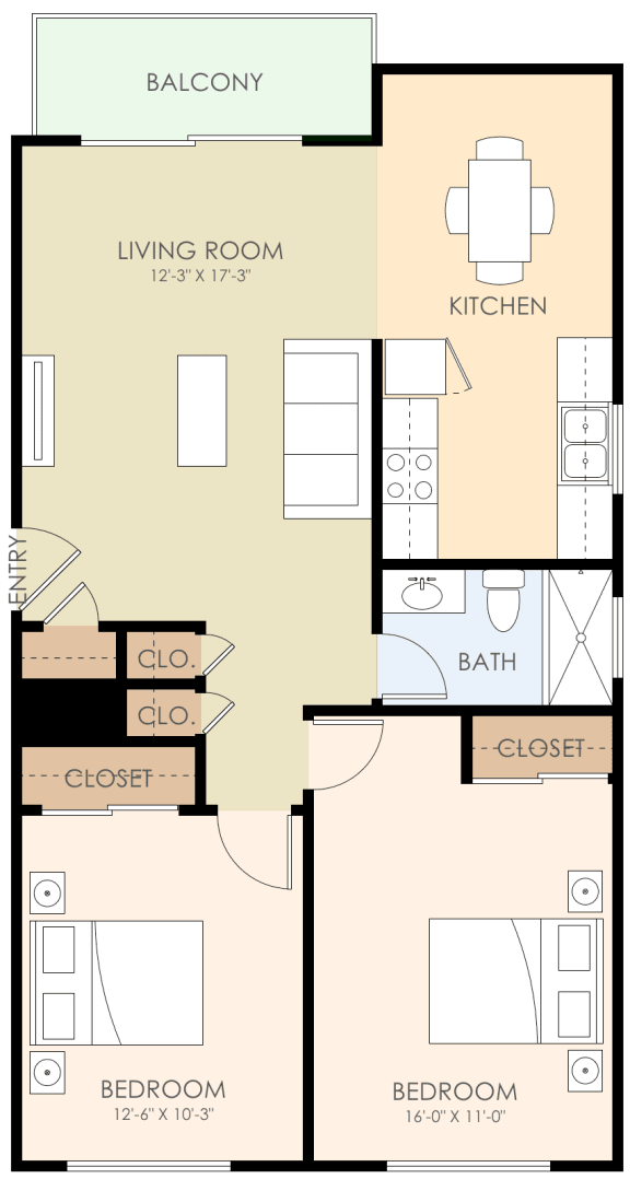 Two Bedroom One Bathroom Floor Plan at Verandas, California, 94025