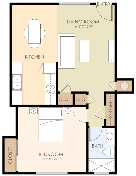 One Bed One Bath Floor Plan 600 to 700 Sq.Ft. at Verandas, California, 94025