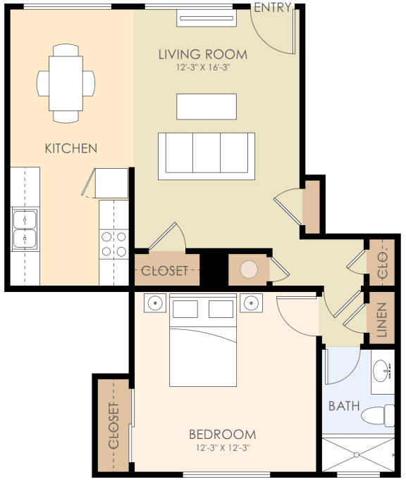 1 Bed Floor Plan at 600 to 700 Sq.Ft. Verandas, Menlo Park, CA