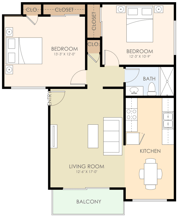2 Bedroom Floor Plan 700 to 800 Sq.Ft. at Verandas, Menlo Park, CA, 94025
