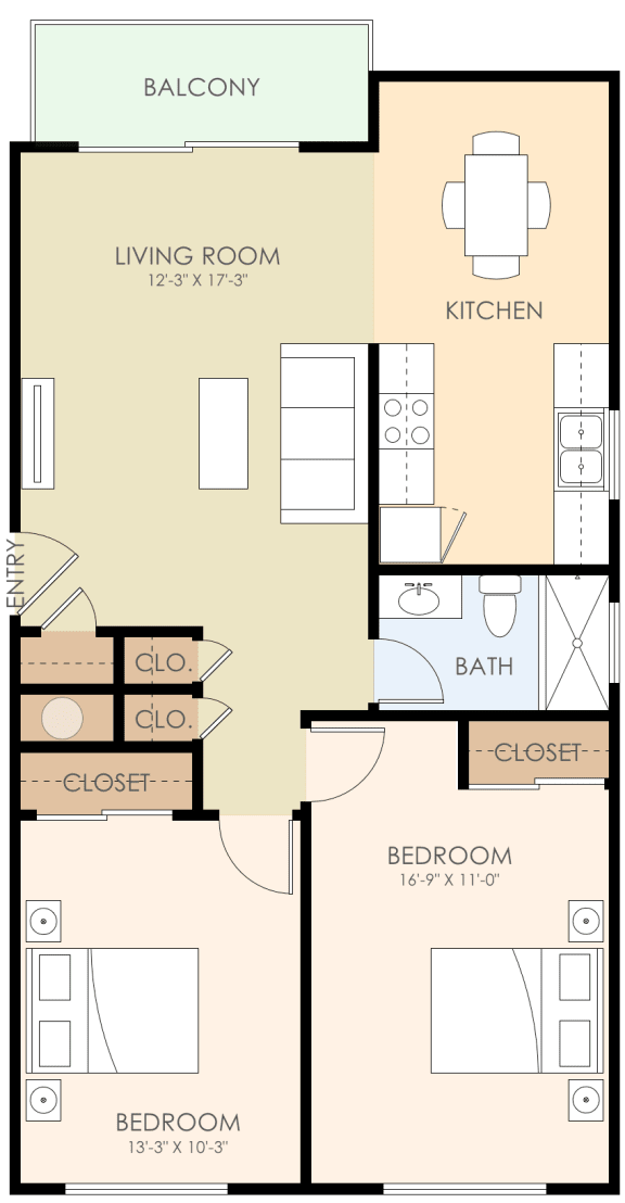 2 Bedroom 1 Bath Floor Plan 700 to 800 Sq.Ft. at Verandas, Menlo Park, CA