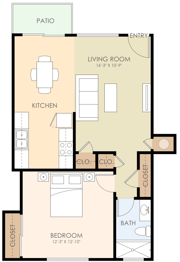 One Bed Floor Plan 600 to 700 Sq.Ft. at Verandas, Menlo Park, California
