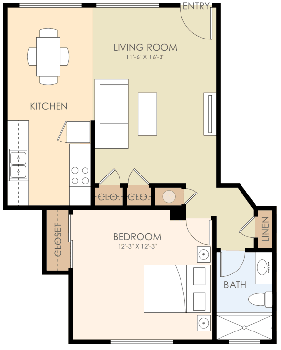 Unit744 OG 1 Bedroom 1 Bathroom Floor Plan 600 to 700 Sq.Ft. at Verandas, Menlo Park, CA, 94025