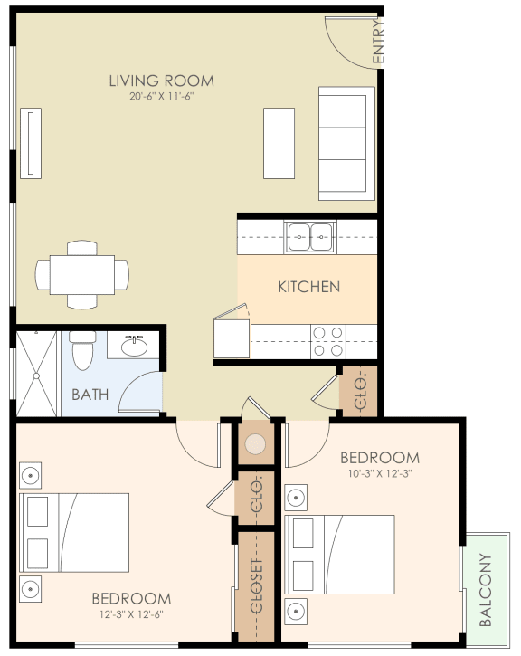 Unit744 P 2 Bedroom 1 Bathroom Floor Plan 700 to 800 Sq.Ft. at Verandas, Menlo Park, California