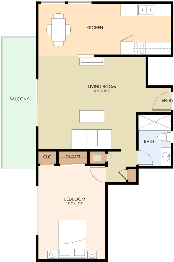 1bedroom 1 bathroom floor plan 725 to 759 Sq.Ft. at 520 E Bellevue, San Mateo, California