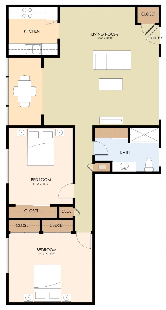 2 bedroom 1 bathroom floor plan M at 520 E Bellevue, San Mateo, CA