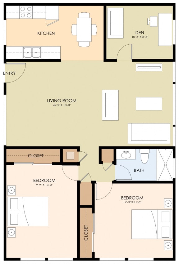 2 bedroom 1 bathroom floor plan L 916 to 1,026 Sq.Ft. at 520 E Bellevue, San Mateo, CA, 94401