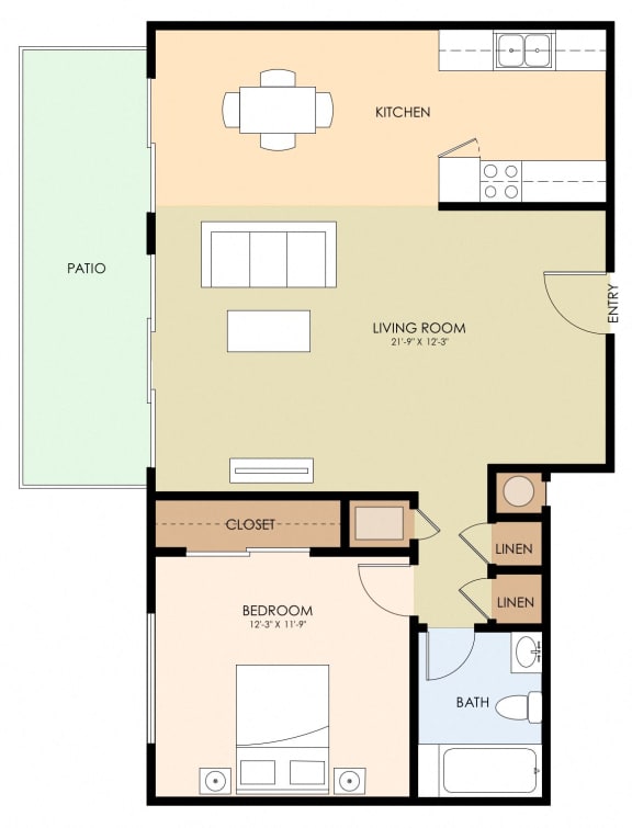 1 bedroom 1 bathroom floor plan C 725 to 759 Sq.Ft. at 520 E Bellevue, California