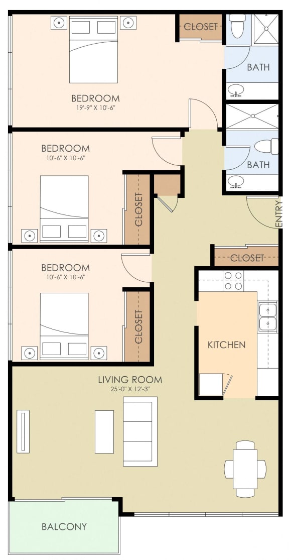 Floor Plan  3 bedroom 2 bathroom floor plan 1,145 Sq.Ft. at Ambassador, San Mateo, CA, 94401