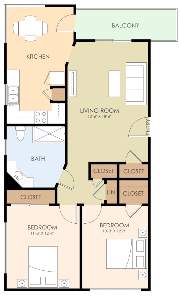 Two Bedroom One Bath Floor Plan 850 to 1,000 Sq.Ft. at Atherton Oaks, Menlo Park, CA