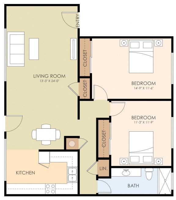 Two Bed One Bath Floor Plan 850 to 1,000 Sq.Ft. at Atherton Oaks, Menlo Park, 94025