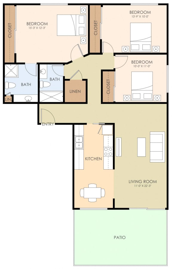 3 Bedroom 2 Bathroom Floor Plan at Balboa, Sunnyvale, 94086