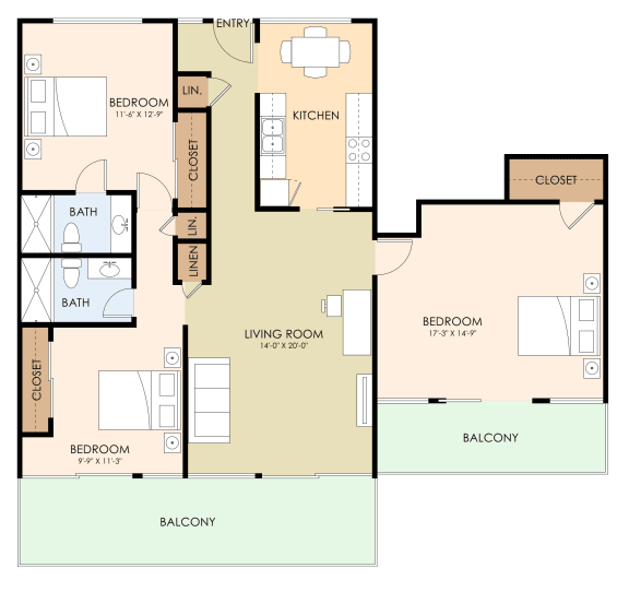 Three Bedroom Two Bath Floor Plan 1,200 Sq.Ft. at Belmont Square, Belmont, CA, 94002