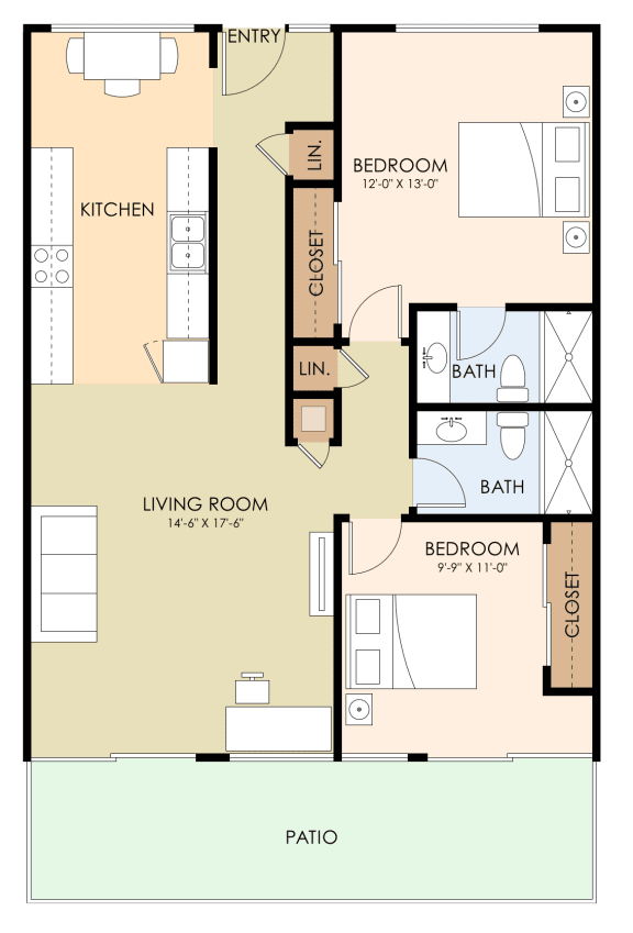 Two Bedroom Two Bath Floor Plan 927 Sq.Ft. at Belmont Square, Belmont, CA