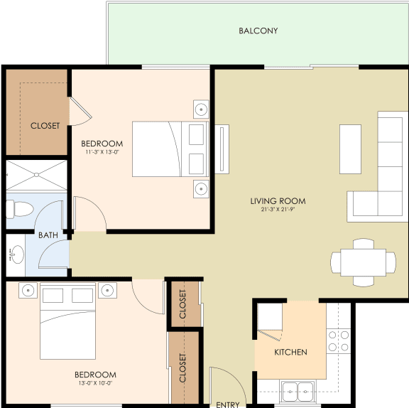 2 bedroom 1 bath floor plan 777 to 857 Sq.Ft. at Boardwalk, Palo Alto, 94306