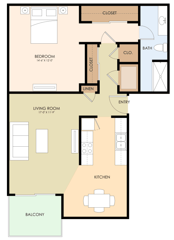 One Bedroom One Bath Floor Plan at Californian, Mountain View