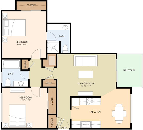 Two Bedroom Two Bath Floor Plan at Californian, Mountain View, CA, 94040
