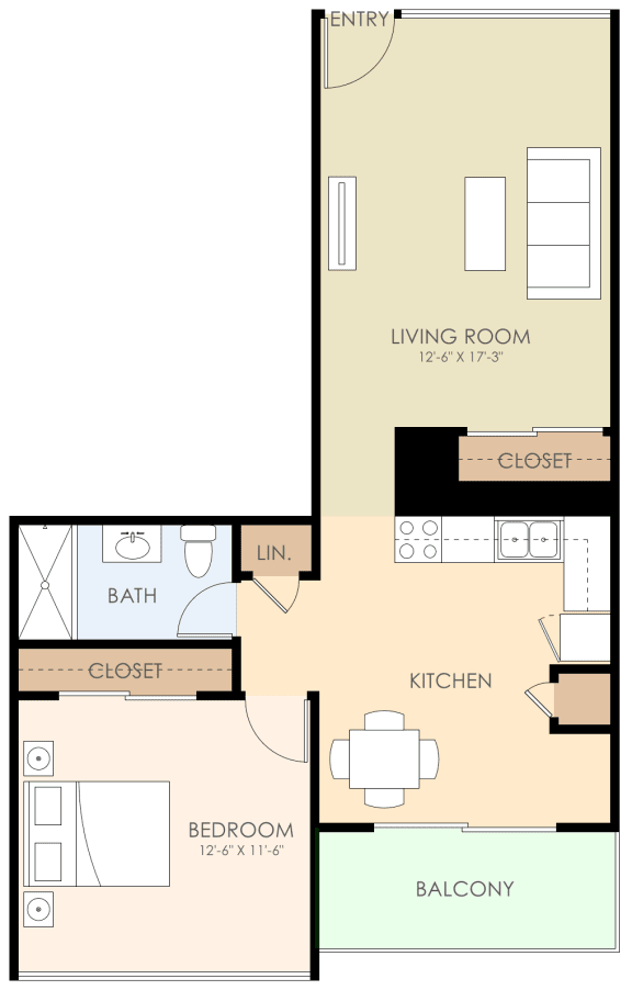 One Bed One Bath Floor Plan at Courtyard, Redwood City, 94063