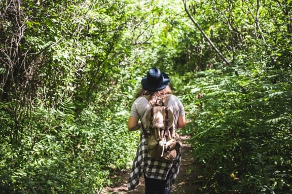 woman wearing backpack walking through forest at The Arbors at Mountain View Apts in Mountain View CA 94040