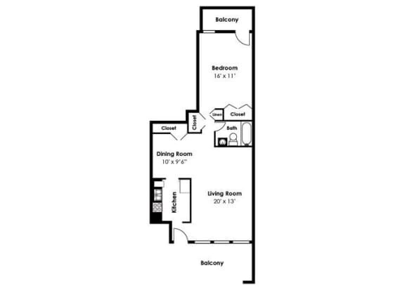 2D Floorplan for 1 bed 1 bath 759sf, at Brook View Apartments, Baltimore, MD