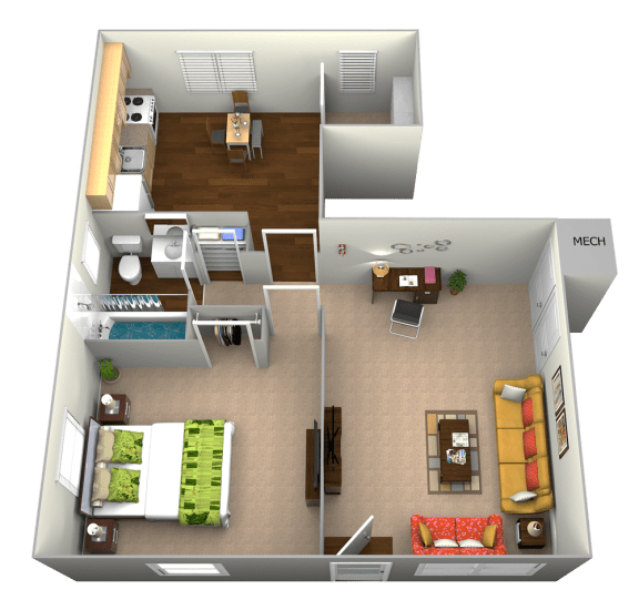 3D Floorplan for 1 bed 1 bath 652sf, at Cross Country Manor Apartments, 3301 Clarks Lane, Baltimore