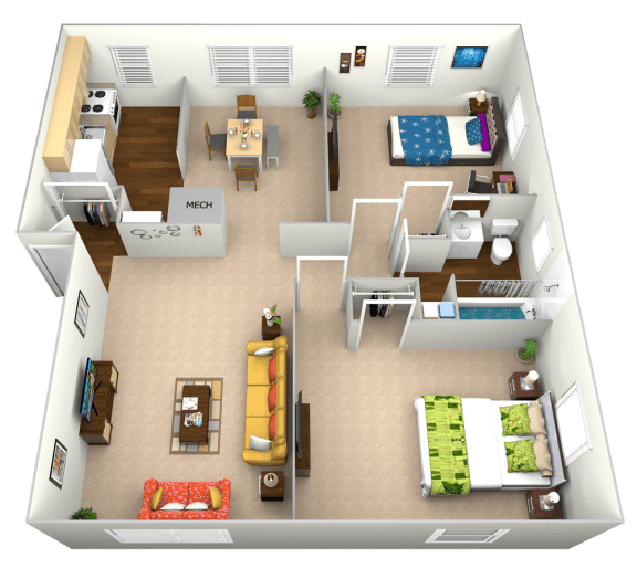 3D Floorplan for 2 bed 1bath 950sf, at Cross Country Manor Apartments, Maryland, 21215